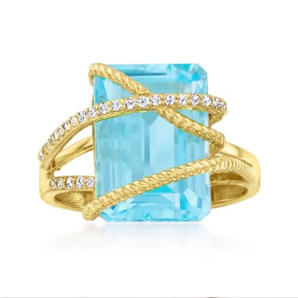 Sky Blue Topaz and Diamond Crisscross Ring in 14kt Yellow Gold.